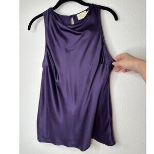 Nation Dark Purple Satin Mock Neck Sleeveless Keyhole Back Blouse S